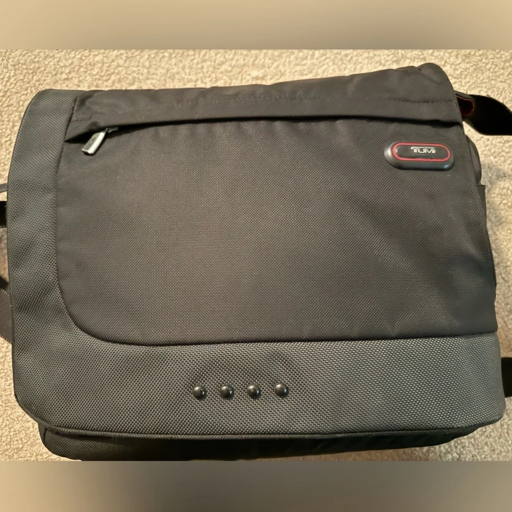 Tumi Black Laptop Messenger Bag with Subtle Red Accents
